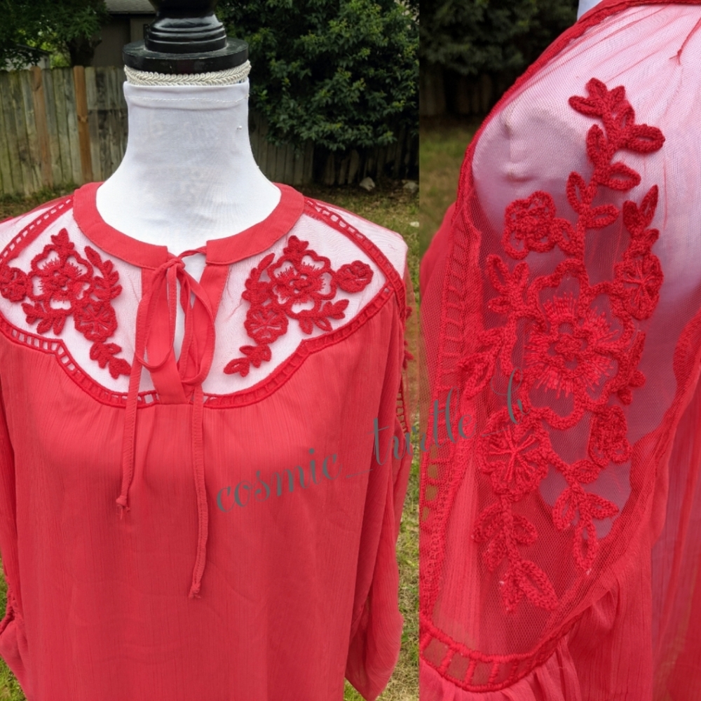 1 left New Chiffon Floral Lace Yoke Peasant Blouse - Picture 8 of 11